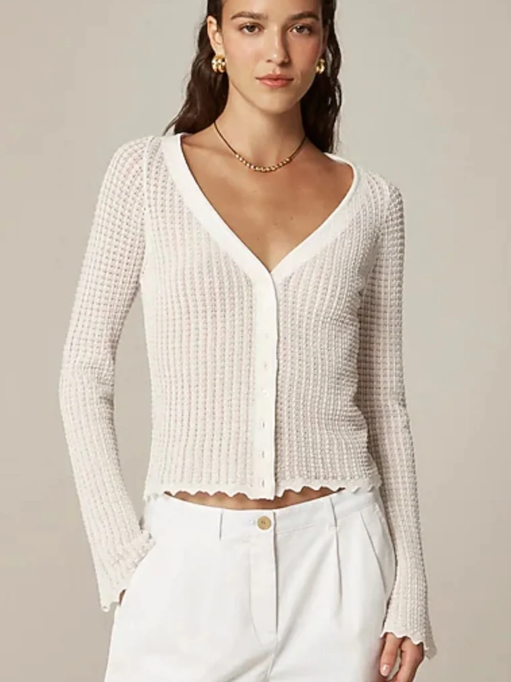 J. Crew Scallop Trim Pointelle Cardigan Top White Size Small